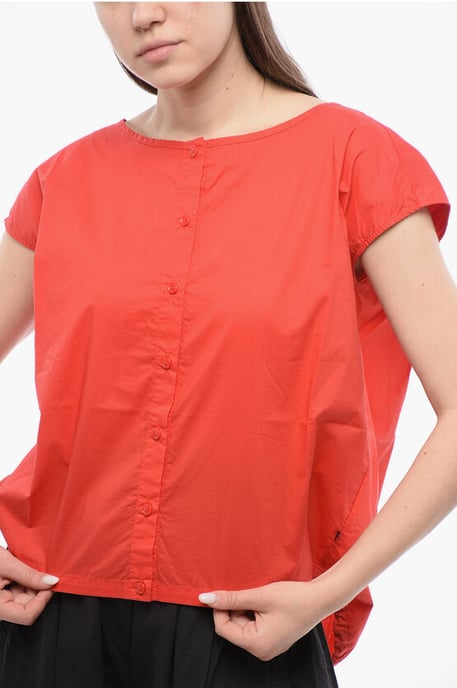 Popeline mouwloos shirt met trekkoordzoom in rood - Image 3