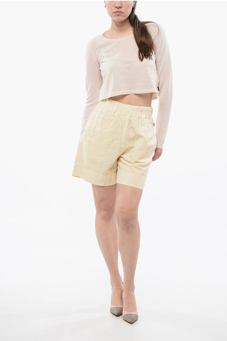 Linnenmix shorts met elastische tailleband in beige - Image 4