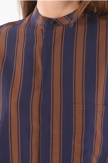 Ongebalanceerd gestreept SCULLY overhemd met mandarijnkraag in blauw, bruin - Image 3