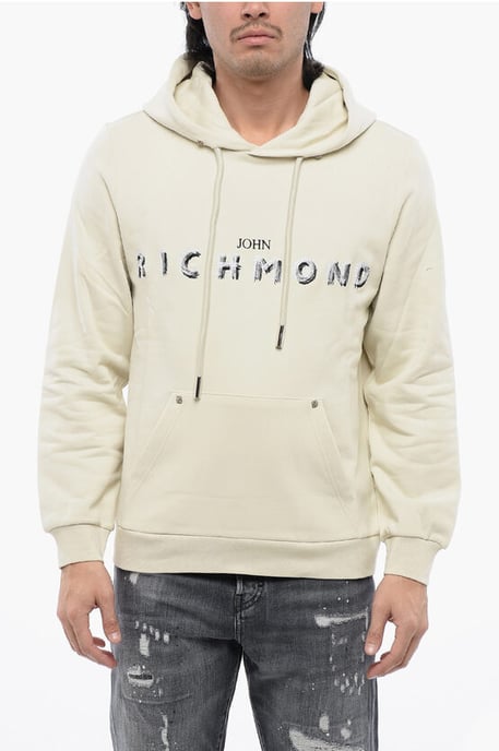 Geborstelde katoenen hoodie met geborduurd logo in beige - Image 1