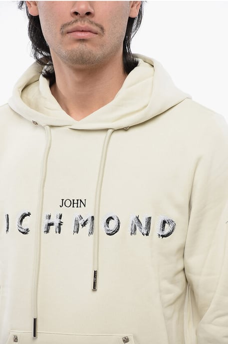 Geborstelde katoenen hoodie met geborduurd logo in beige - Image 3