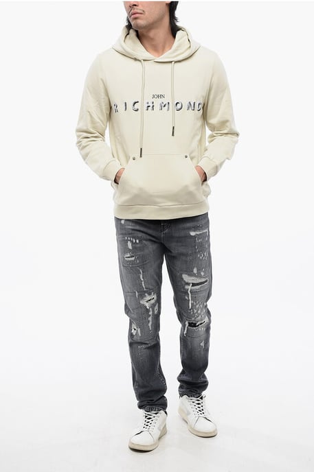 Geborstelde katoenen hoodie met geborduurd logo in beige - Image 4