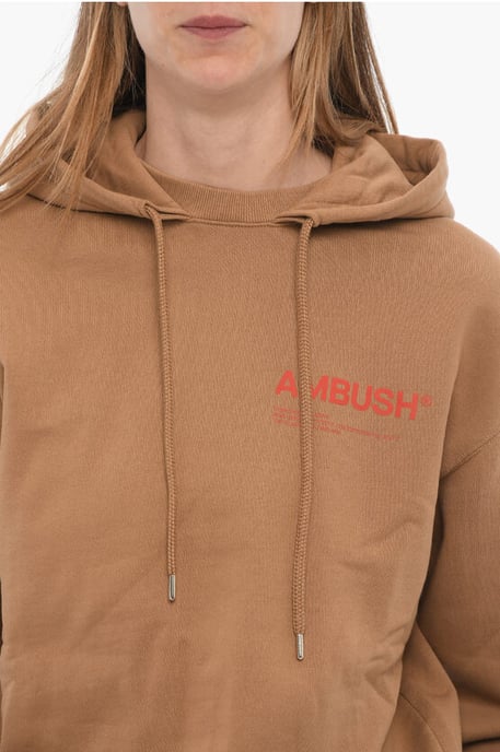 Geborstelde katoenen hoodie met bedrukt logo in bruin - Image 3