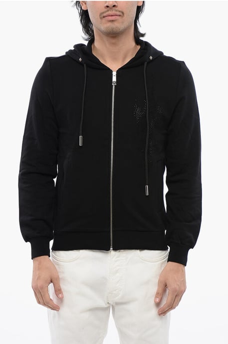 Geborstelde katoenen hoodie met rits en strass-stammotief in zwart - Image 1