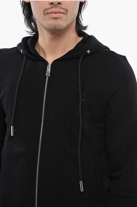 Geborstelde katoenen hoodie met rits en strass-stammotief in zwart - Image 3