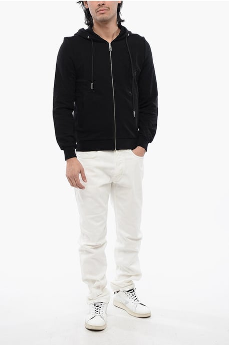 Geborstelde katoenen hoodie met rits en strass-stammotief in zwart - Image 4
