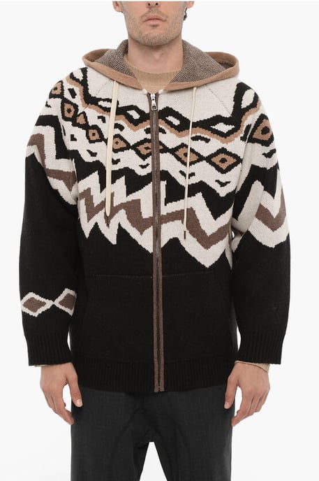 Boxy Fit Wollen Trui met Capuchon in Beige, Nero - Image 1