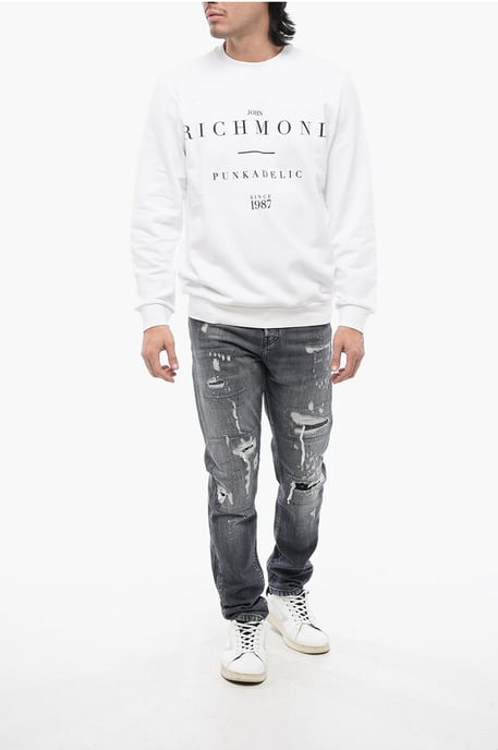 Geborsteld katoenen sweatshirt met ronde hals en logoprint in het wit - Image 4