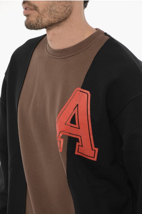 Fleece katoenen VARSITY sweatshirt met ronde hals in Marrone, Nero - Image 3