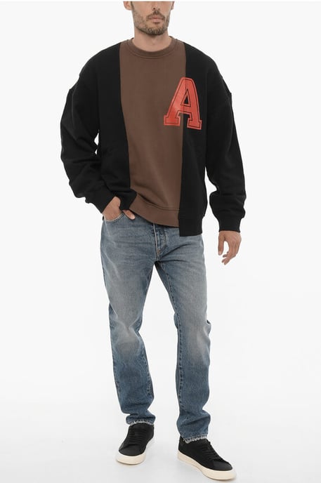 Fleece katoenen VARSITY sweatshirt met ronde hals in Marrone, Nero - Image 4