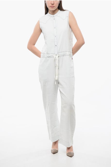 Mouwloze denim jumpsuit met trekkoord in de taille in wit - Image 1