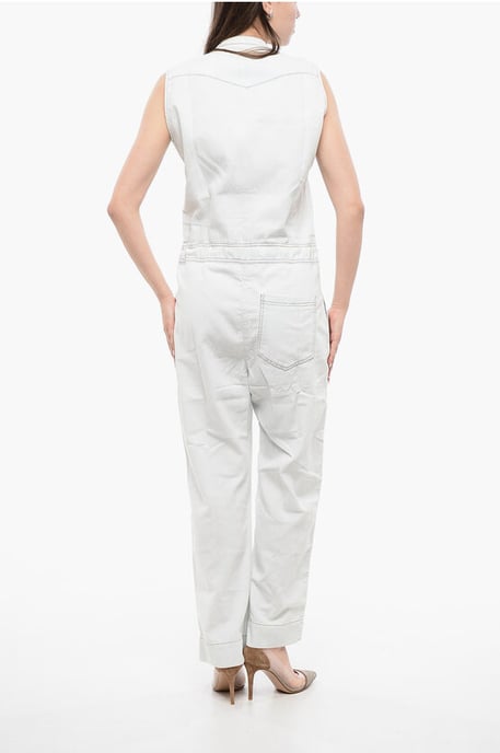 Mouwloze denim jumpsuit met trekkoord in de taille in wit - Image 2