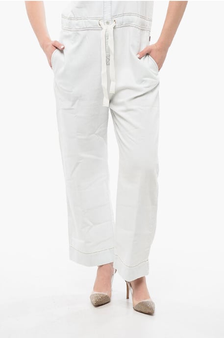 Mouwloze denim jumpsuit met trekkoord in de taille in wit - Image 4