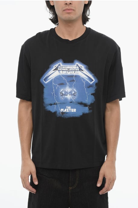 Slim Fit ROCK BAND ZODIAC GEMINI T-shirt met ronde hals en druppel in zwart - Image 1