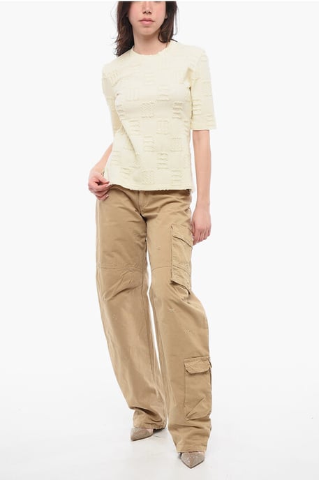 T-shirt met ronde hals en stikseldetails in beige - Image 4
