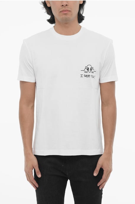 Katoenen slim fit I SEE YOU T-shirt met ronde hals in het wit - Image 1