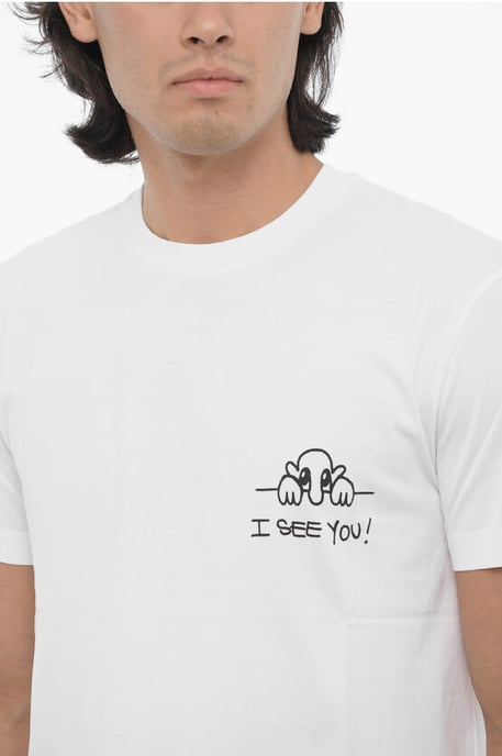 Katoenen slim fit I SEE YOU T-shirt met ronde hals in het wit - Image 3