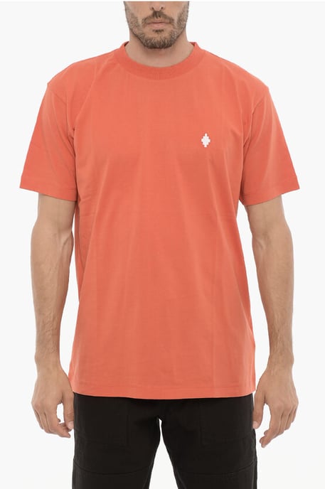 Effen T-shirt met ronde hals en kruisborduursel in oranje - Image 1