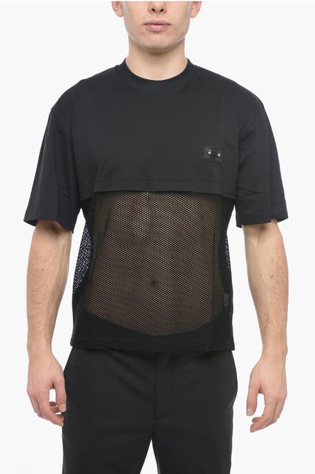Slim Fit Mesh T-shirt met ronde hals en piercing in zwart - Image 1