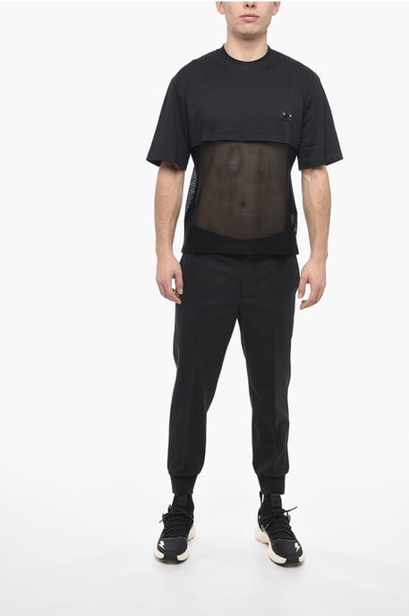 Slim Fit Mesh T-shirt met ronde hals en piercing in zwart - Image 4