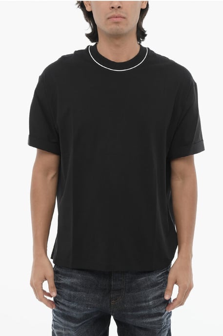 Effen kleur Easy Fit T-shirt met ronde hals en overhemdmouwen in zwart - Image 1