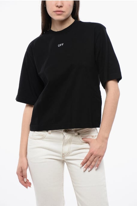 Cropped T-shirt met ronde hals en maxi-borduursel op de achterkant in zwart - Image 1