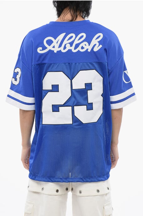 Geborduurd mesh voetbal T-shirt in blauw - Image 2