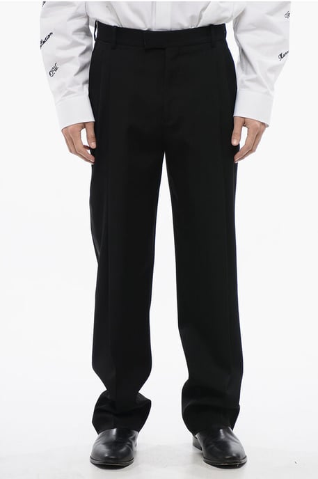 Dubbelgeplooide wollen broek met hoge taille in zwart - Image 1