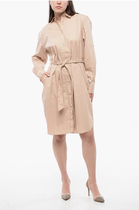Geceintuurde jurk met lange mouwen in beige - Image 1