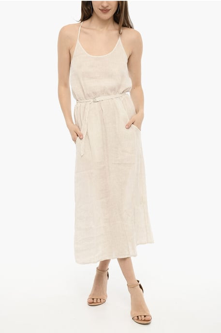 Awning gestreepte linnen maxi-jurk met riem in beige, wit - Image 1