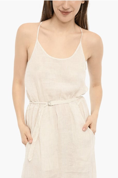 Awning gestreepte linnen maxi-jurk met riem in beige, wit - Image 3