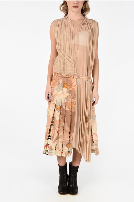 MMO Accordeon maxi asymmetrische jurk met bloemenprint van zijdemix in beige - Image 1
