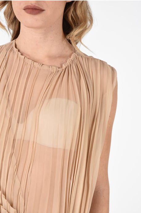 MMO Accordeon maxi asymmetrische jurk met bloemenprint van zijdemix in beige - Image 3