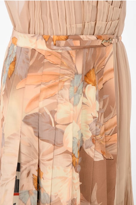 MMO Accordeon maxi asymmetrische jurk met bloemenprint van zijdemix in beige - Image 4