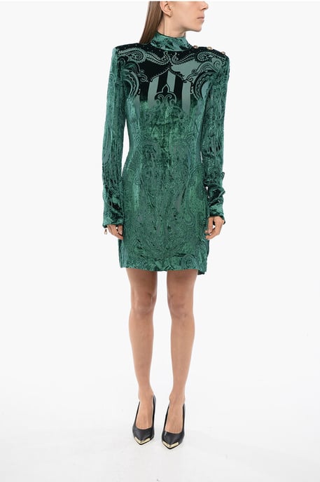 Devore-fluwelen jurk met lange mouwen in groen - Image 1