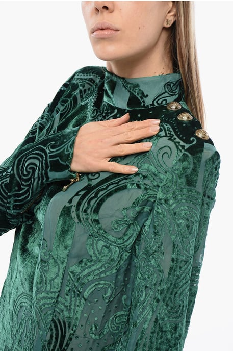 Devore-fluwelen jurk met lange mouwen in groen - Image 3
