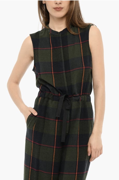 Geruite jumpsuit van wolmix GAUZE met trekkoord in de taille in groen - Image 4