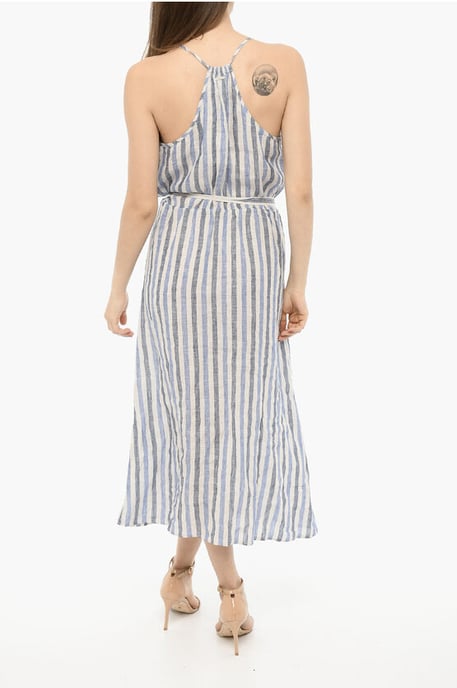 Awning gestreepte linnen maxi-jurk met riem in Bianco, Blu - Image 2