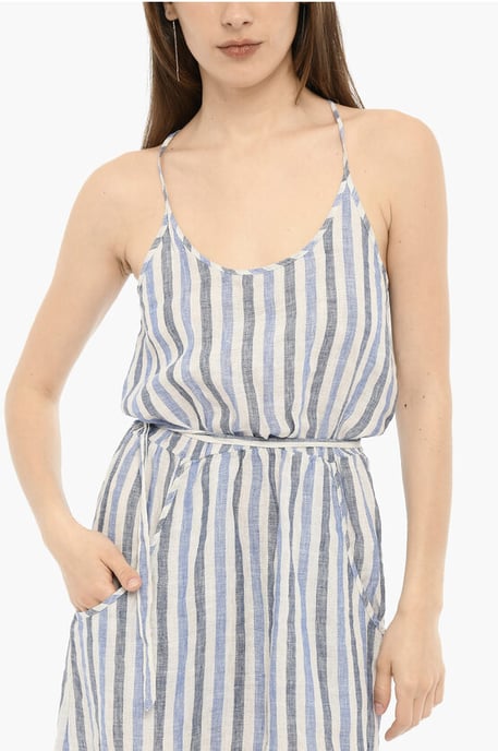 Awning gestreepte linnen maxi-jurk met riem in Bianco, Blu - Image 3