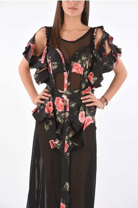 MM0 jurk met bloemenprint en illusie-halslijn en uitsparingen in Multicolor - Image 4