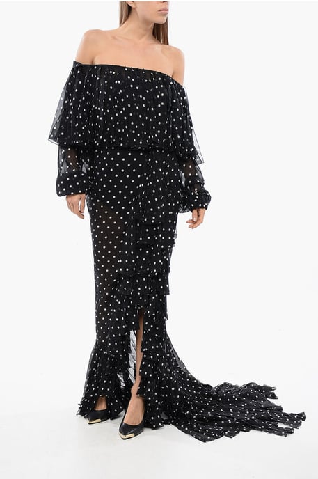 Lange off-shoulderjurk met franjes en stippen in zwart - Image 1