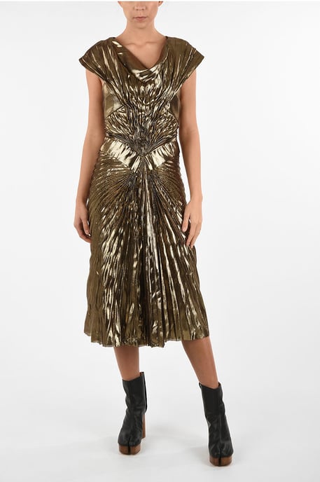Metallic imitatieleren gedrapeerde empirejurk in goud - Image 1