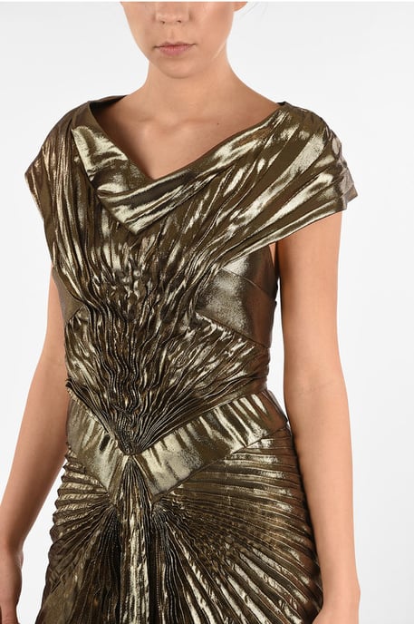 Metallic imitatieleren gedrapeerde empirejurk in goud - Image 3