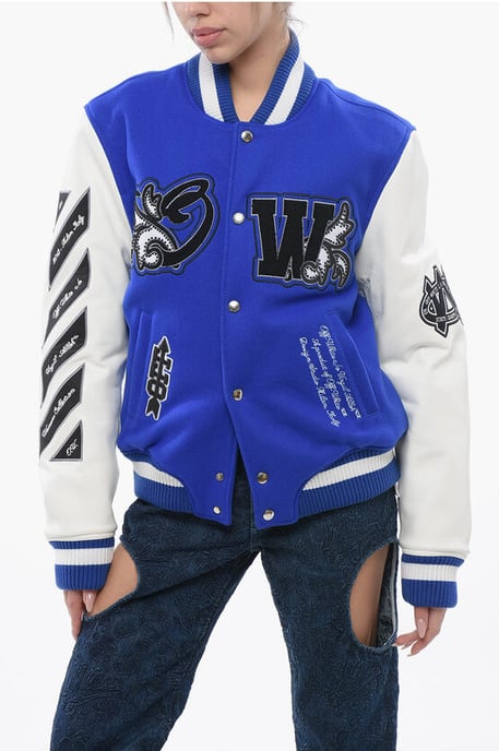 Gewatteerd ROYAL Bomberjack met leren mouwen en all-over print in blauw - Image 1