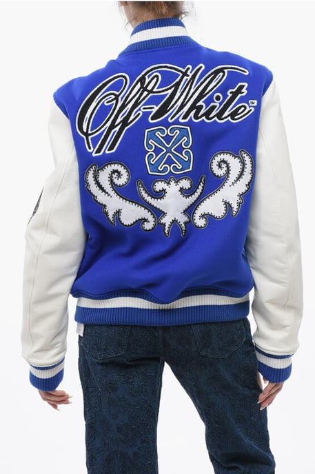 Gewatteerd ROYAL Bomberjack met leren mouwen en all-over print in blauw - Image 2
