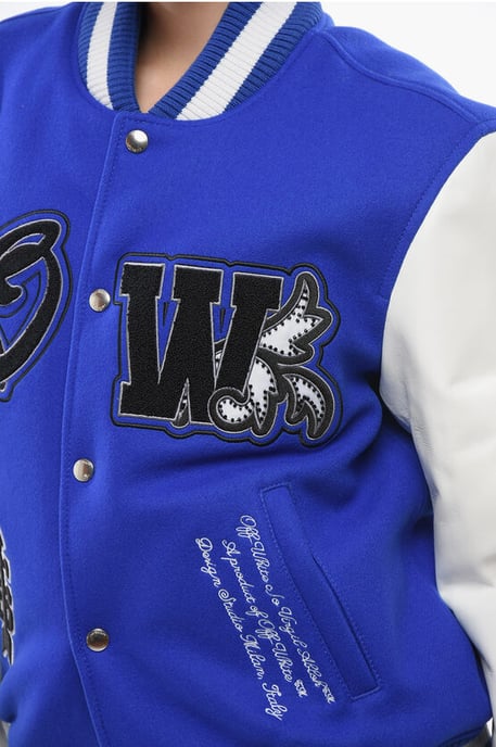 Gewatteerd ROYAL Bomberjack met leren mouwen en all-over print in blauw - Image 3