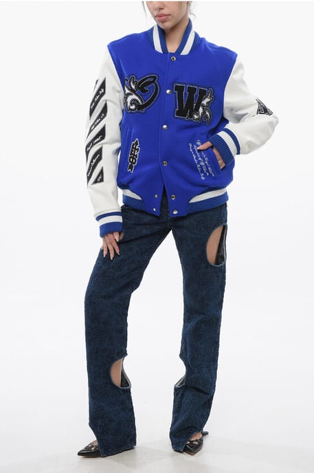 Gewatteerd ROYAL Bomberjack met leren mouwen en all-over print in blauw - Image 4