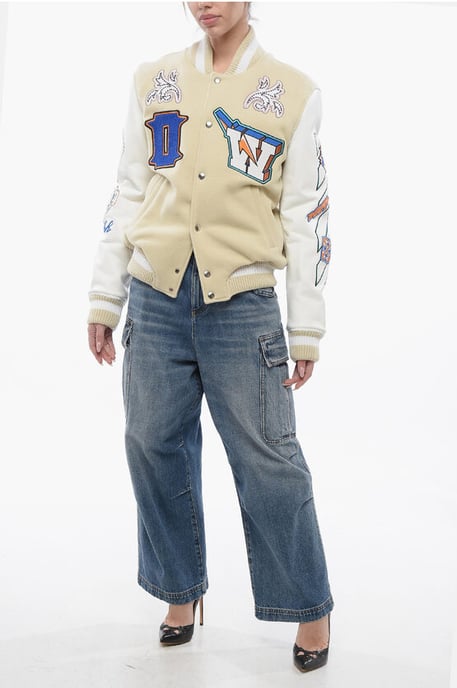 Gewatteerd THUNDERBOLT bomberjack met leren mouwen en Al in beige - Image 4
