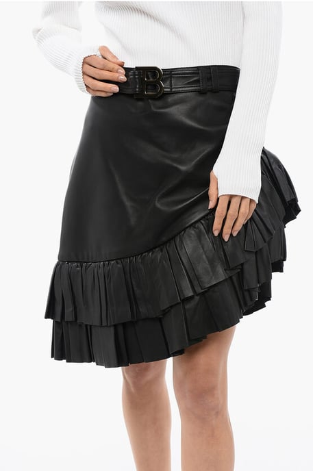 Asymmetrische leren minirok met logo-riem in zwart - Image 3