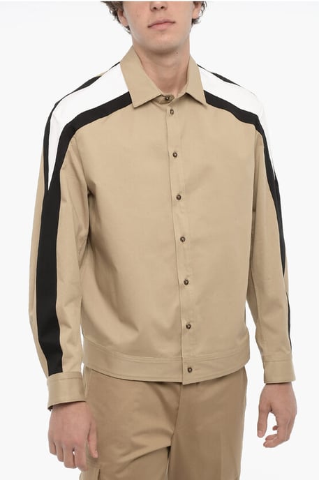 Katoenen overshirt met contrasterende zijbanden in beige - Image 1